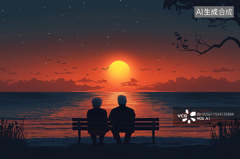 【AI数字艺术】两个老人坐在长椅上图片素材