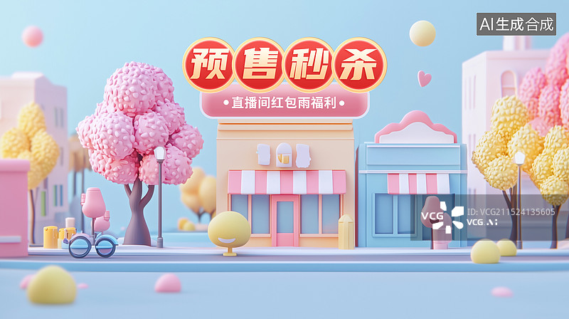 【AI数字艺术】3D卡通C4D风格 城市中的低角度视图 城市风光道路平台 电商 年终盛典促销海报模版 横版图片素材