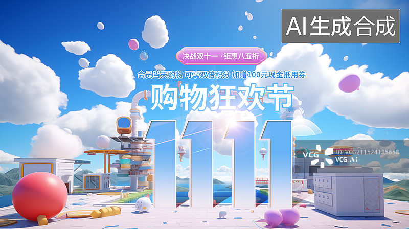 【AI数字艺术】双十一狂欢大促电商海报 云海之上的展台全景 双11大促C4D海报 立体、梦幻乐园 科技感展台场景图片素材