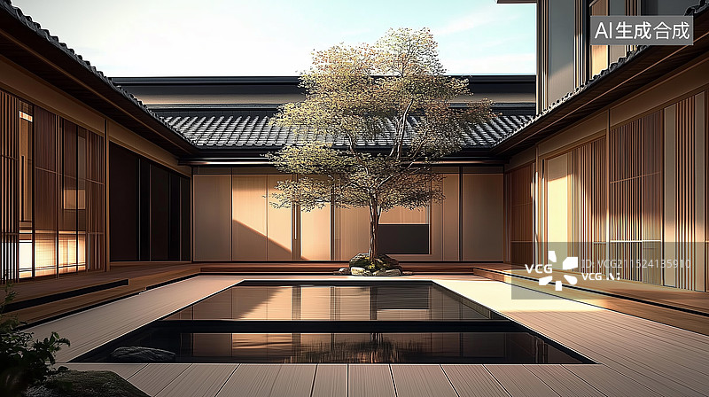 【AI数字艺术】极简现代风格中式庭院图片素材