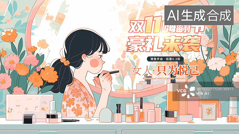 【AI数字艺术】女人美妆美颜插画海报模版，对着镜子化妆的女孩，美丽主题插图微笑的女人用化妆刷刷腮红，双十一美妆海报图片素材