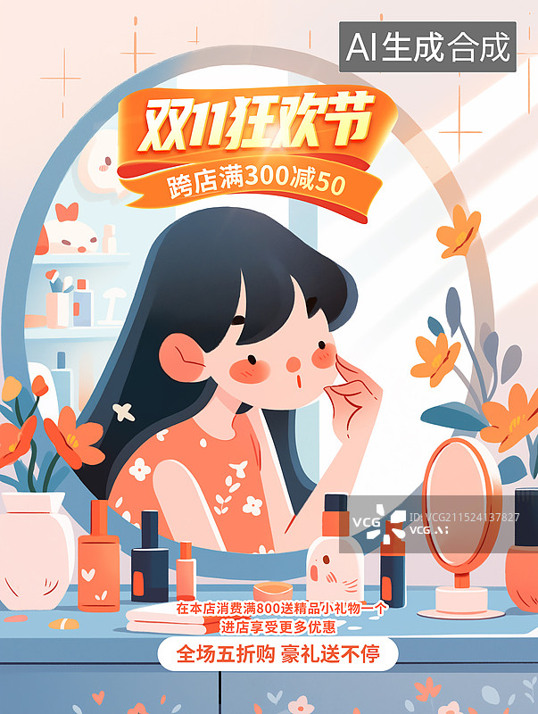 【AI数字艺术】女人美妆美颜插画海报模版，对着镜子化妆的女孩，美丽主题插图微笑的女人用化妆刷刷腮红，双十一美妆海报图片素材