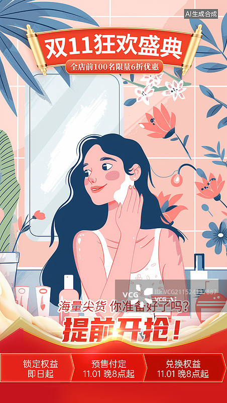 【AI数字艺术】女人美妆美颜插画海报模版，对着镜子化妆的女孩，美丽主题插图微笑的女人用化妆刷刷腮红，双十一美妆海报图片素材
