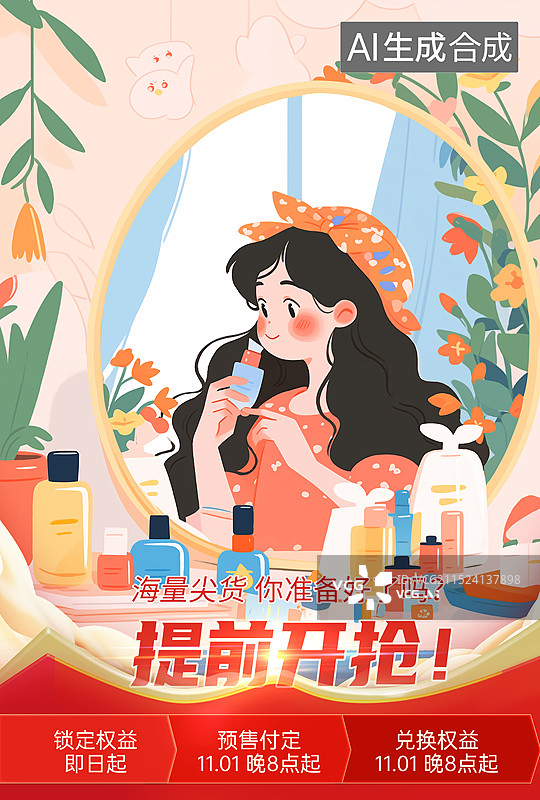 【AI数字艺术】女人美妆美颜插画海报模版，对着镜子化妆的女孩，美丽主题插图微笑的女人用化妆刷刷腮红，双十一美妆海报图片素材
