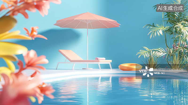 【AI数字艺术】3D游泳池和躺椅插画图片素材