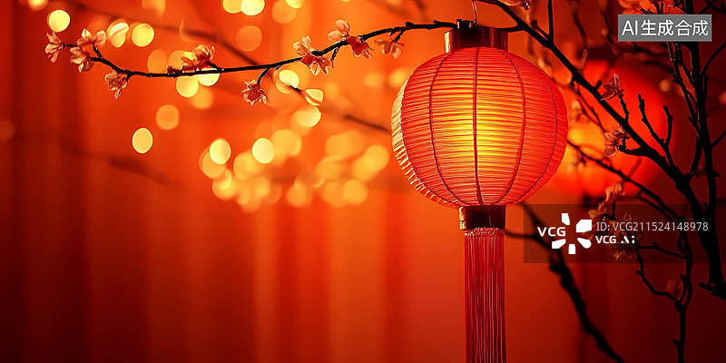 【AI数字艺术】红色背景梅花和红色灯笼春节氛围背景图图片素材