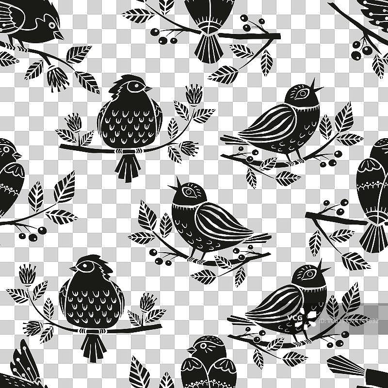 无缝图案：栖息在树枝上的春鸟图片素材
