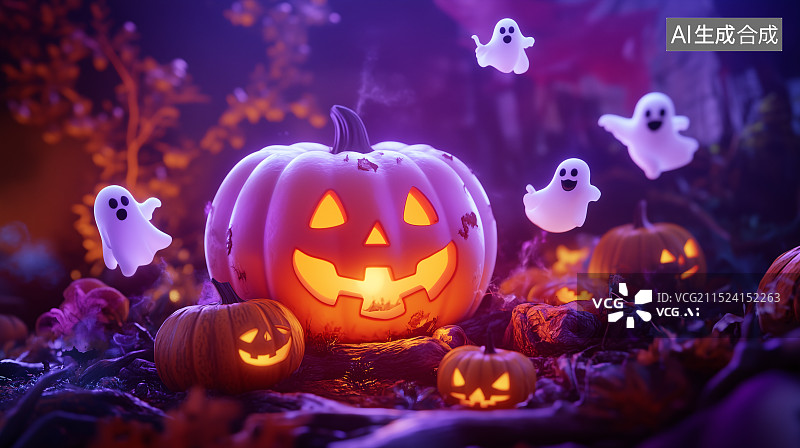 【AI数字艺术】万圣节南瓜与幽灵图片素材