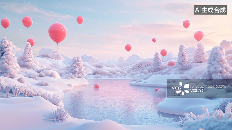 【AI数字艺术】高山雪地里红色气球场景图片素材