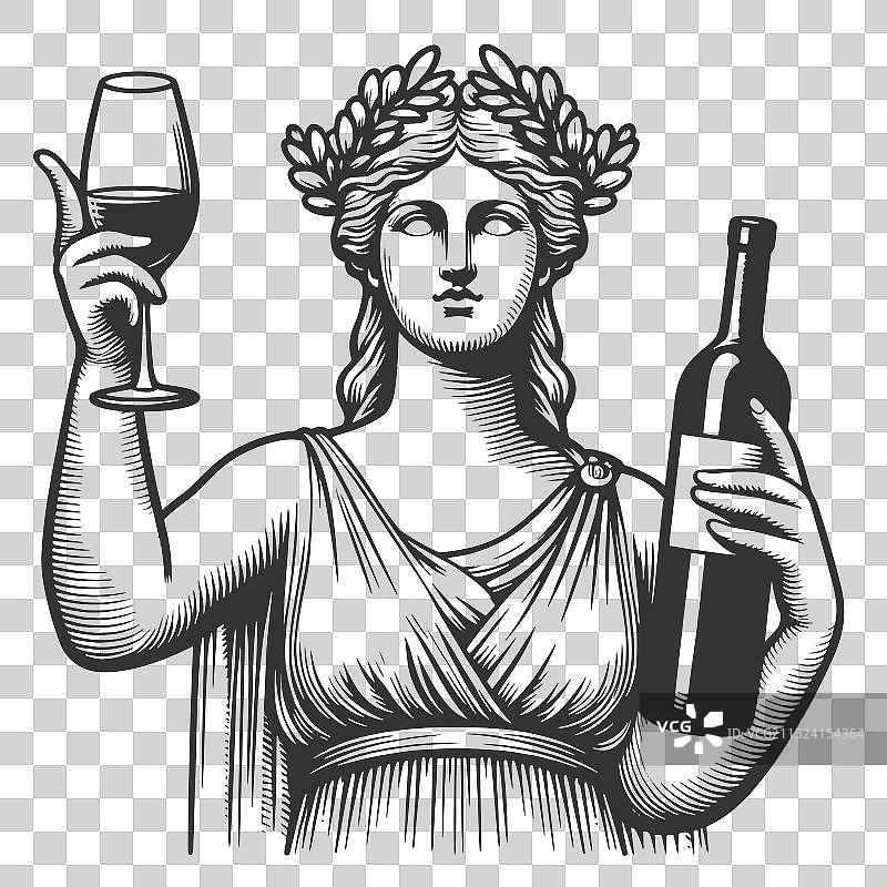 希腊女神雕像与葡萄酒杯和酒瓶图片素材