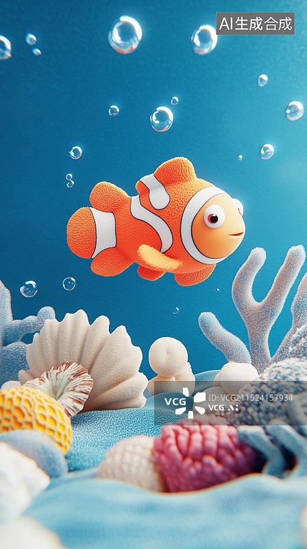 【AI数字艺术】3D卡通海底景观小丑鱼图片素材