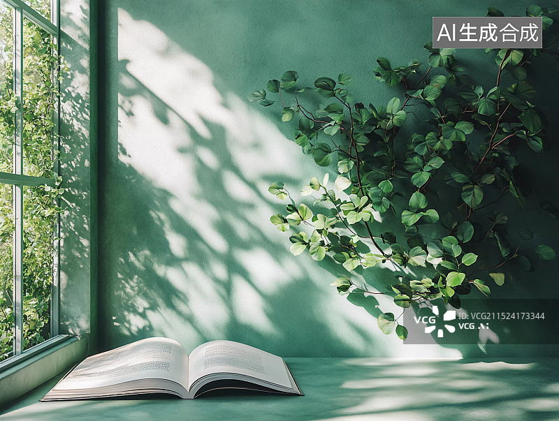 【AI数字艺术】窗前一抹阳光照射到室内书本一角图片素材