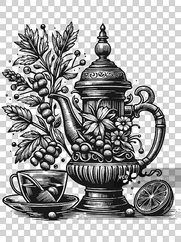 东方茶具装饰着热饮图片素材