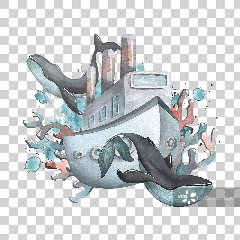 带有鲸鱼、珊瑚和飞溅物的轮船图片素材