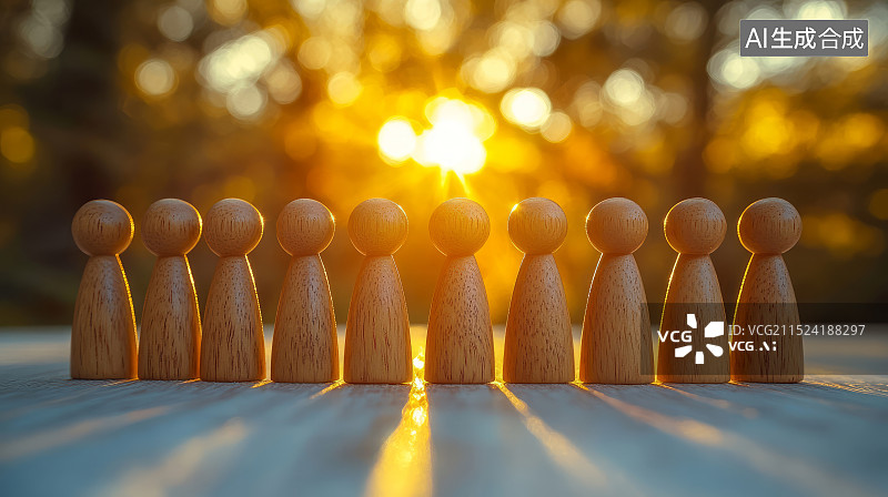 【AI数字艺术】一排木头人，企业团队合作概念图片素材