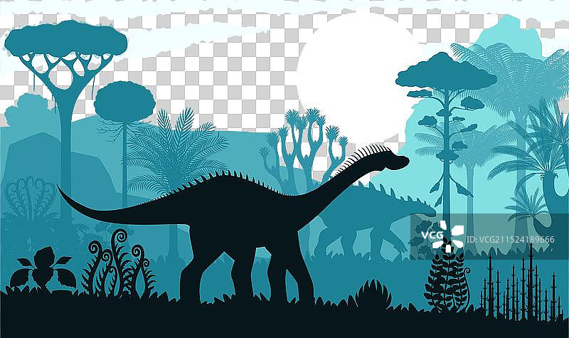 黄昏森林中的史前恐龙剪影图片素材