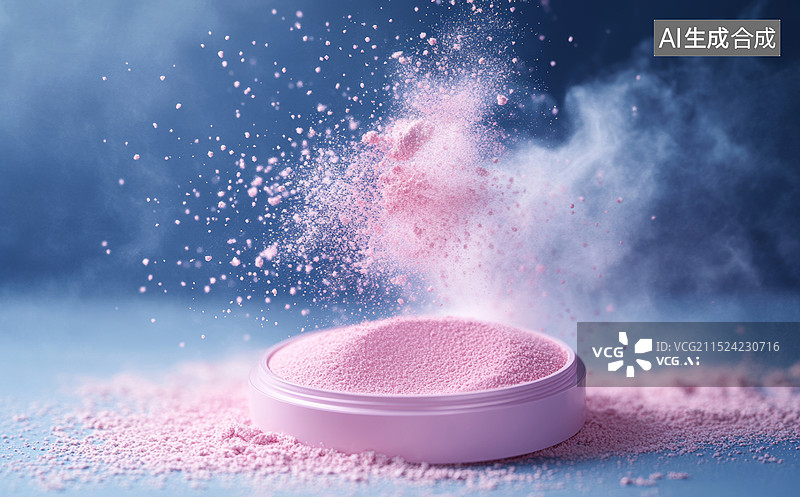 【AI数字艺术】一个粉色腮红粉饼，粉饼从空中跌落，散落在地上图片素材