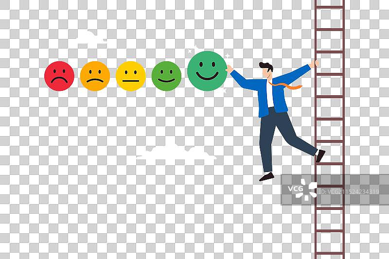 在梯子上给出反馈评分的年轻人图片素材
