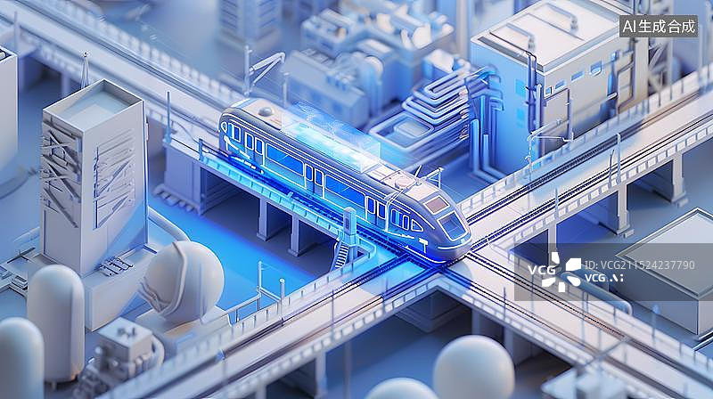 【AI数字艺术】高铁快速经过繁华城市建筑的插画背景图片素材