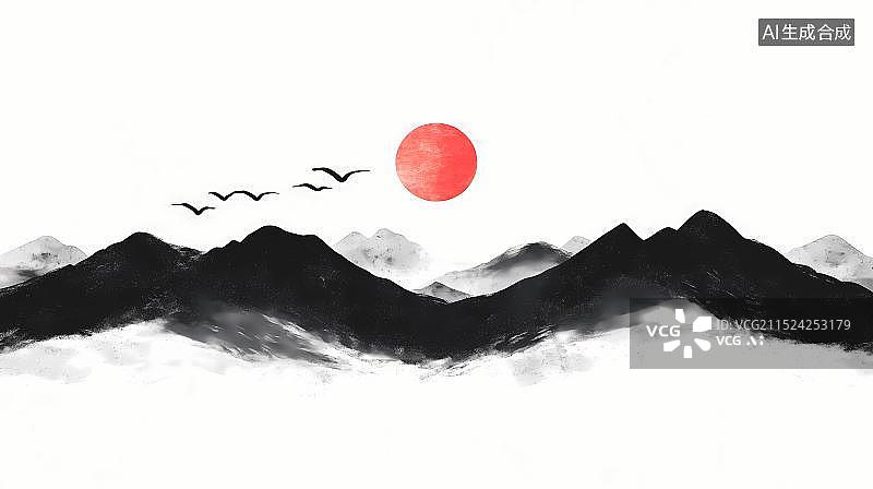 【AI数字艺术】黑色山脉红色太阳的线条水墨画图片素材