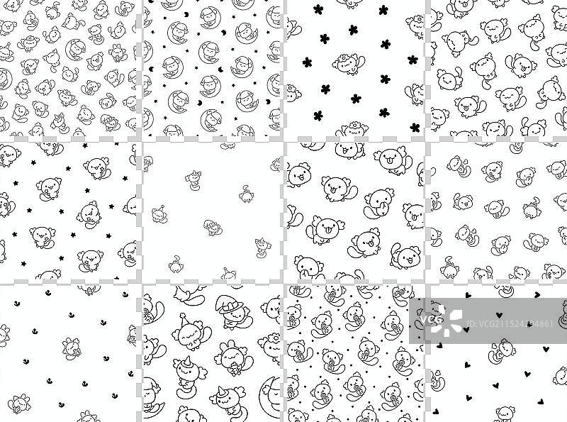 可爱卡哇伊六角龙鱼无缝图案着色图片素材