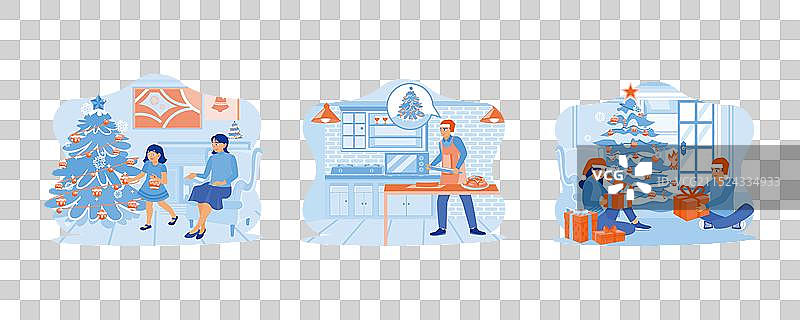 一家人在枞树上挂玩具，年轻人在场图片素材