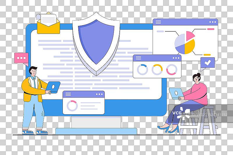 扁平风格商务人士使用笔记本电脑工作图片素材