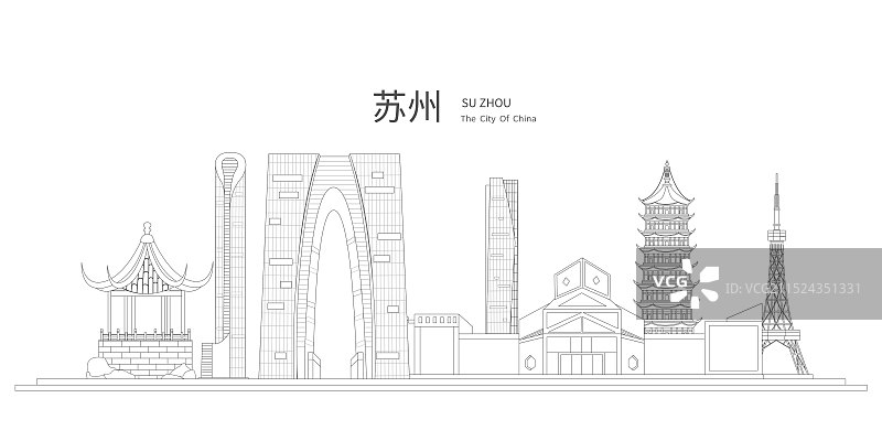 苏州中国风黑白线条地标建筑描边插画矢量图片素材