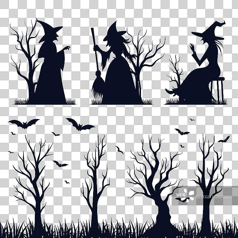 万圣节女巫与树木剪影图片素材
