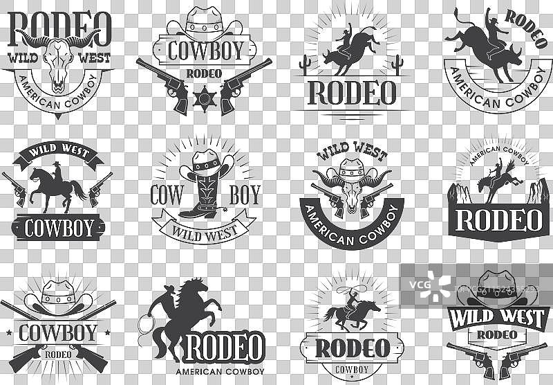 牛仔标签，套索男子骑在公牛上图片素材