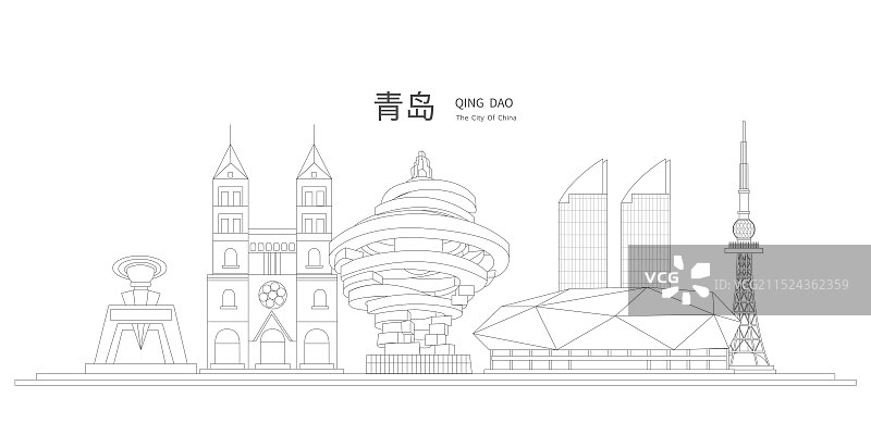 青岛中国风黑白线条地标建筑描边插画矢量图片素材