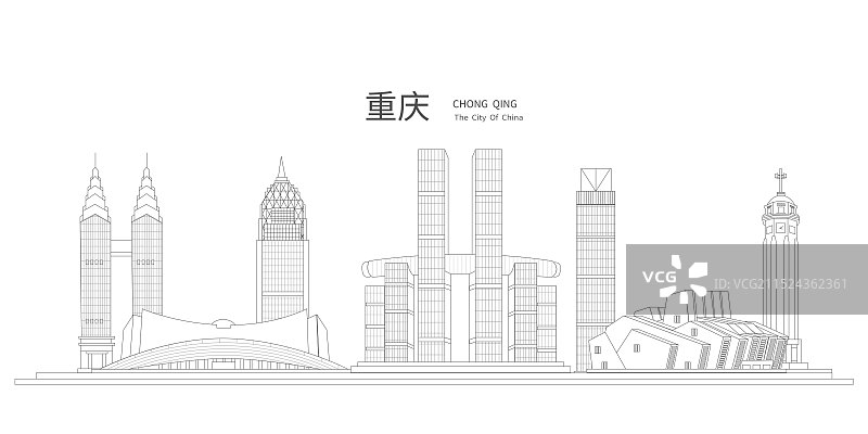 重庆中国风黑白线条地标建筑描边插画矢量图片素材