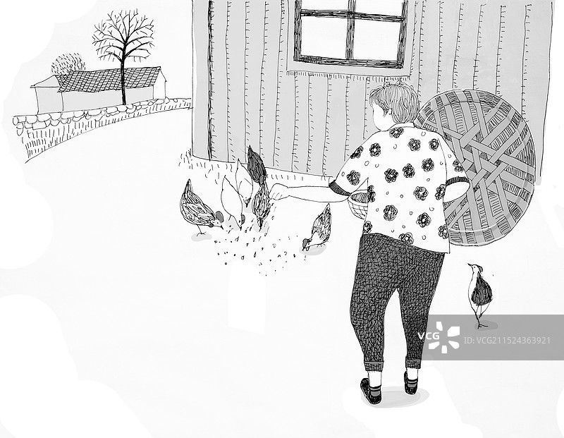 大娘农村生活喂鸡插画图片素材
