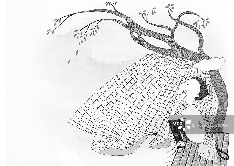 留守儿童黑白插画图片素材