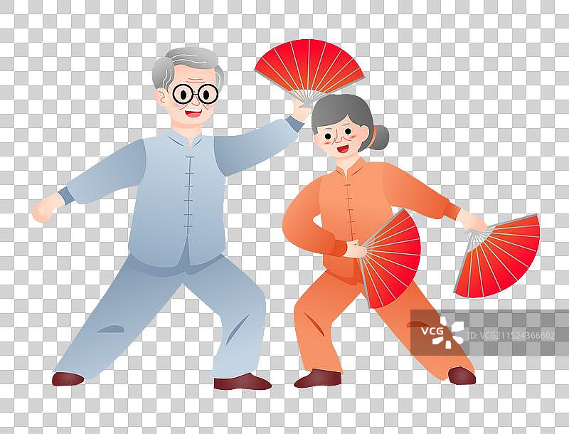 老年人退休养老生活方式 打太极扇子舞插画元素图片素材