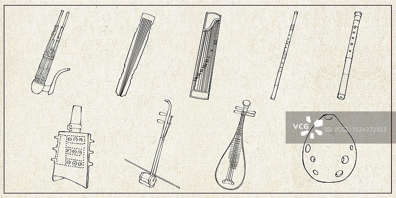中国古典乐器手绘国风插画-鼓，笙，埙，古琴，古筝，笛子，箫，编钟，二胡，琵琶图片素材