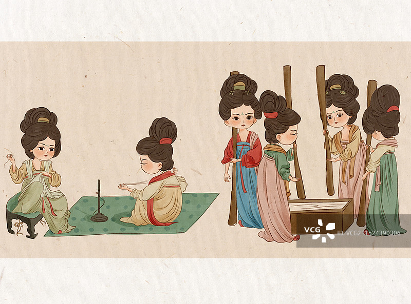 Q版古画之捣练图 捣练组图片素材