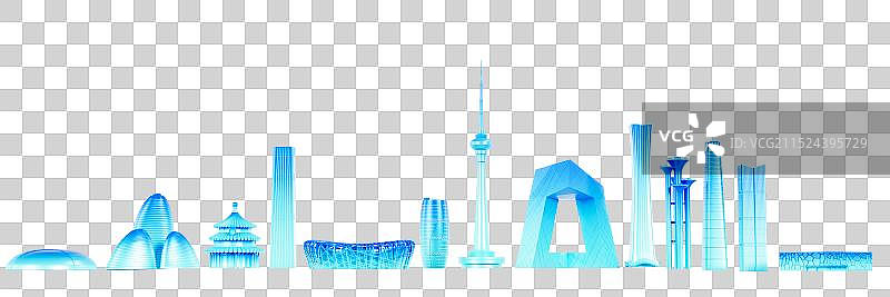 3D立体北京地标建筑城市天际线蓝色北京城市元素图片素材