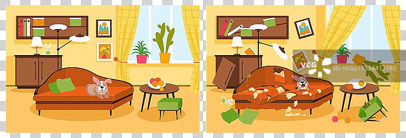 清洁与脏乱的室内房间前后对比图片素材