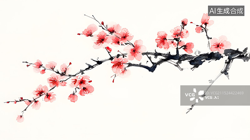 【AI数字艺术】枝头上盛开的梅花水墨画图片素材
