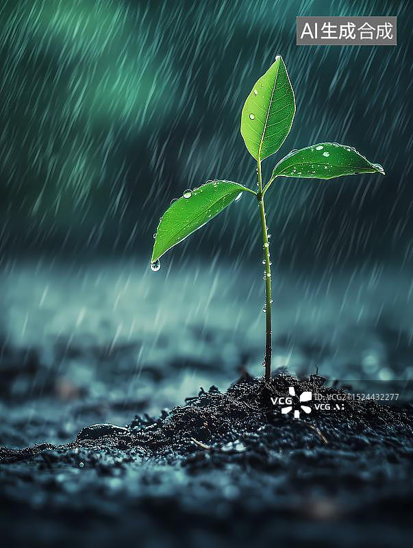 【AI数字艺术】大雨下的小树苗图片素材