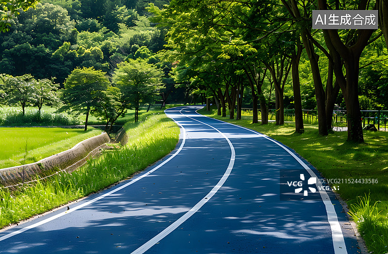 【AI数字艺术】公园里的蓝色橡胶跑道图片素材