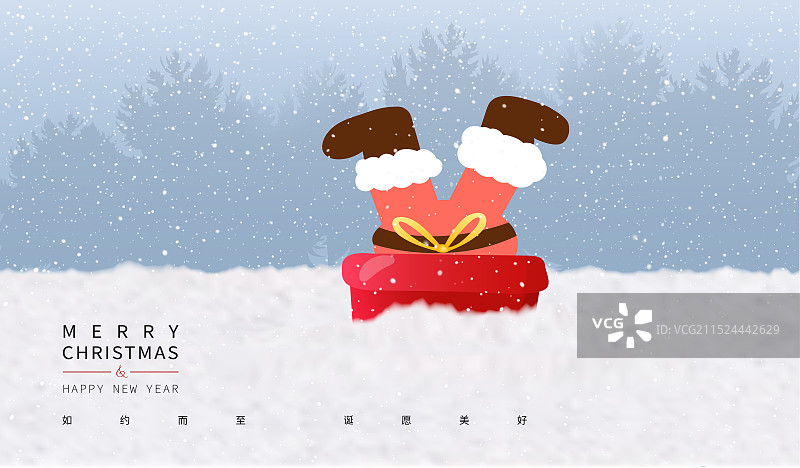 2025年蛇年 矢量中国新年和圣诞节祝福贺卡 海报模版 倒栽在雪地的圣诞老人 雪天背景 横版图片素材
