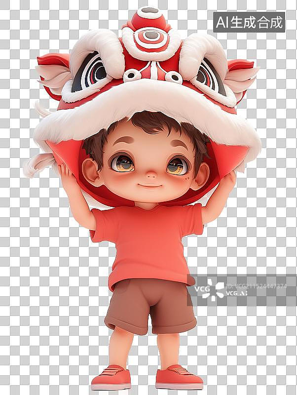 【AI数字艺术】春节可爱的男孩带着舞狮帽图片素材