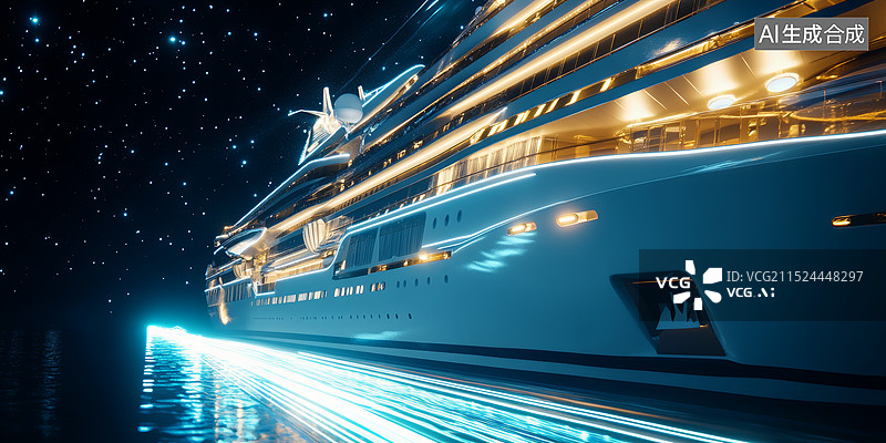 【AI数字艺术】一艘豪华游轮在夜晚航行于海面上的情景。游轮灯火通明，在黑暗中显得格外醒目图片素材