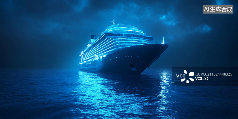 【AI数字艺术】一艘豪华游轮在夜晚航行于海面上的情景。游轮灯火通明，在黑暗中显得格外醒目图片素材