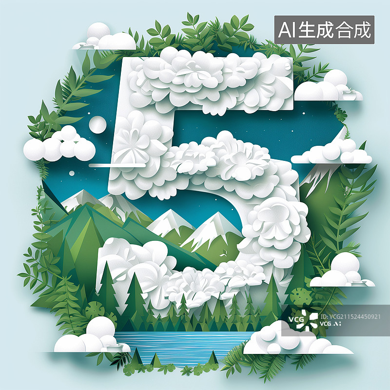 【AI数字艺术】数字5艺术字体设计扁平化风格山水插画 云朵和植物图片素材