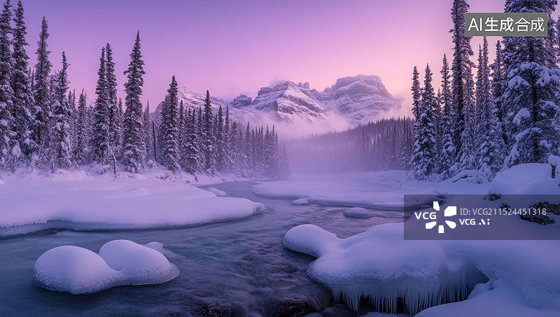 【AI数字艺术】一个宁静的冬季景色，在一条蜿蜒的小溪旁，周围是被雪覆盖的土地和森林。远处的山脉背后有淡紫色的天空图片素材