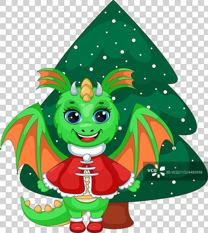 卡通绿色龙与圣诞树图片素材