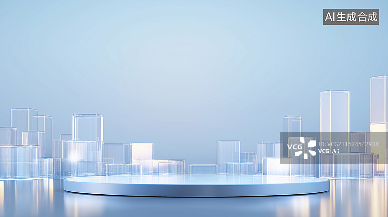 【AI数字艺术】玻璃质感城市高楼建筑群产品展台图片素材